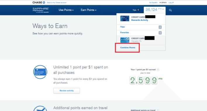 Combine your UR points by using the menu at the top of the screen and selecting "Combine Points".