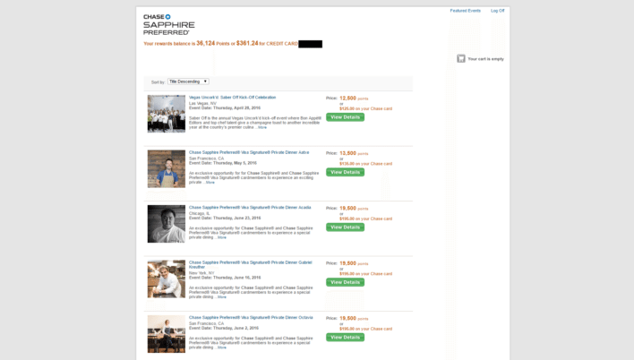 The dining options available in the Ultimate Rewards Experiences portal.