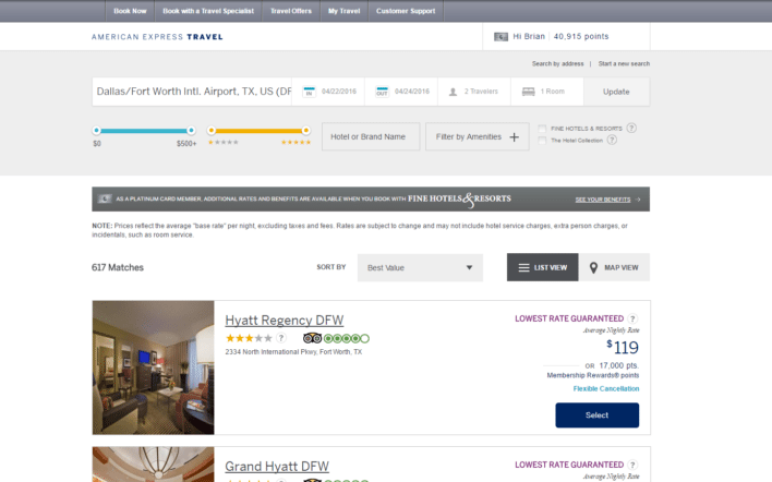 Amex MR Hotel Booking Screen