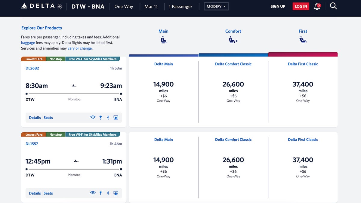 Delta DTW BNA award flight