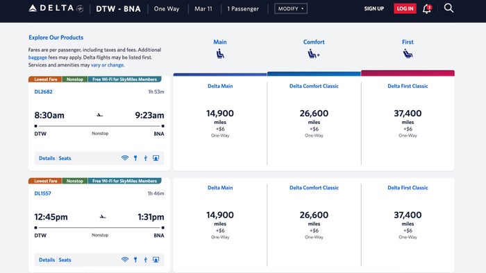 Delta DTW BNA award flight