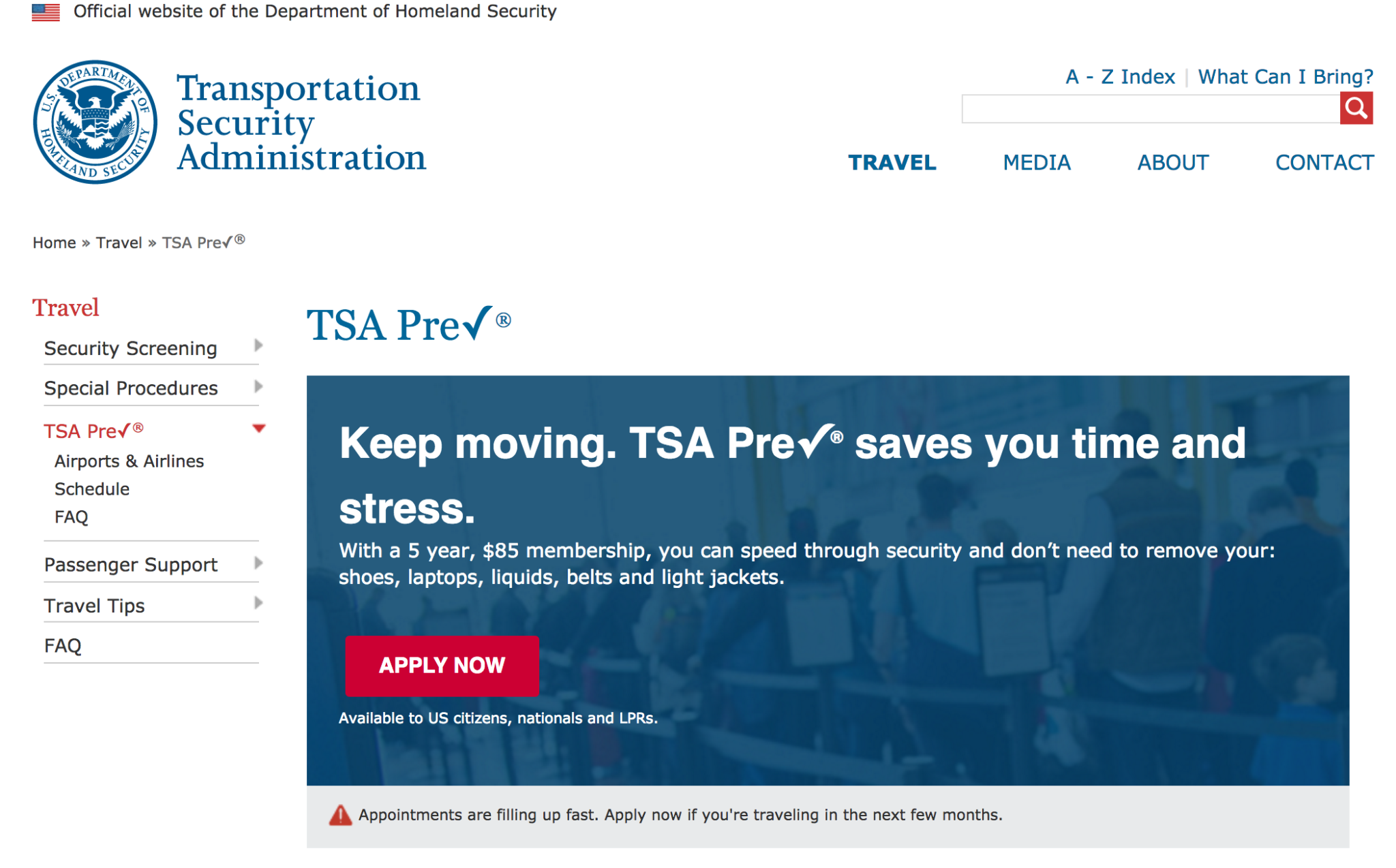 TSA Pre Check application Homepage