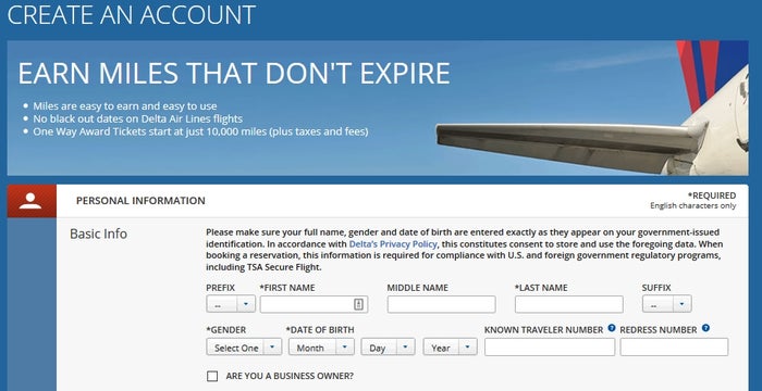 Delta SkyMiles Enrollment Page Delta SkyMiles Enrollment Page