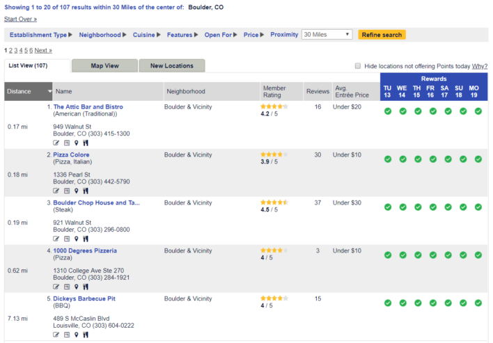 Southwest Rapid Rewards Dining Program Restaurant Search