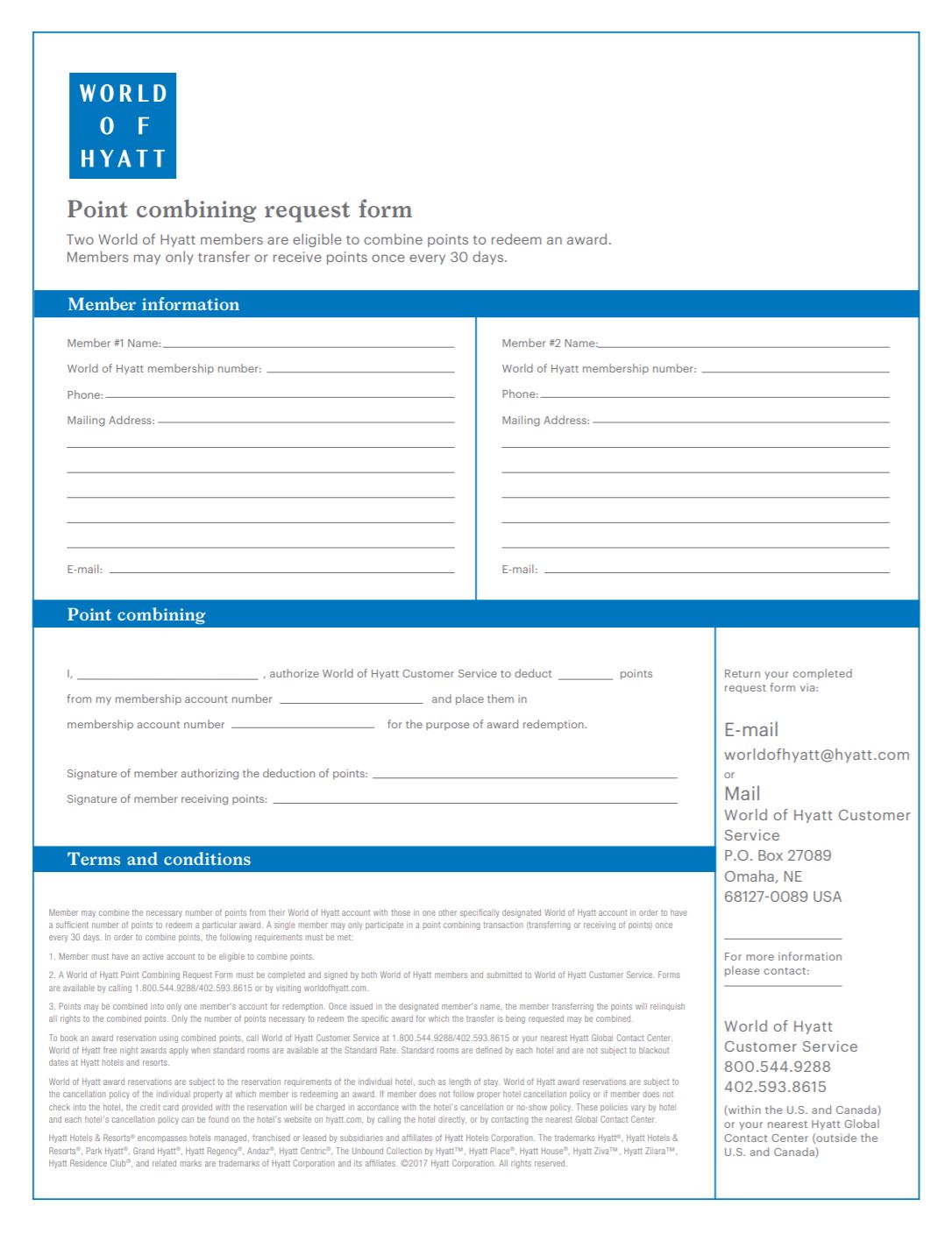 World of Hyatt points combining request form