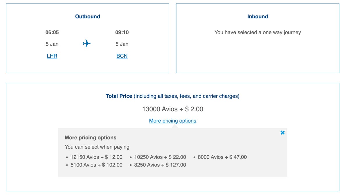 ba avios lhr bcn economy award pricing
