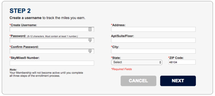 Delta Skymiles Dining Registration Step 2