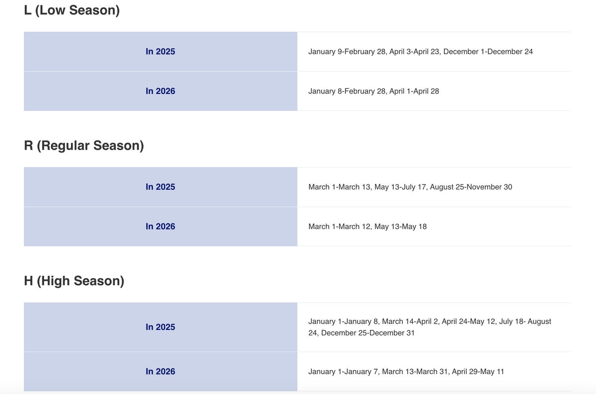 ANA 2025 2026 seasonality dates