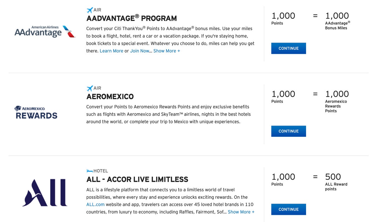 Citi ThankYou transfer partners