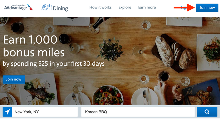 Click the Join Now Button AAdvantage Dining program homepage join now