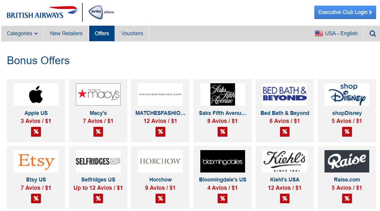 British Airways Avios eStore Example Retailers 2