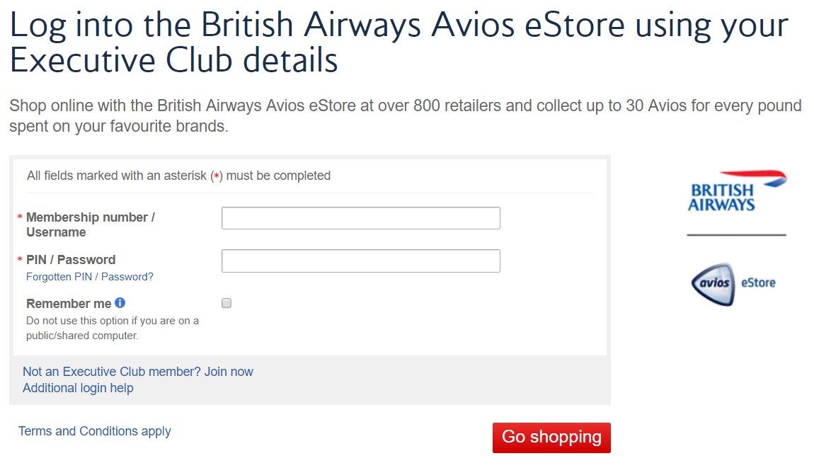 British Airways Avios eStore Login