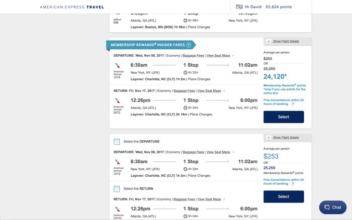 American Express Travel Membership Rewards Points Insider Fares