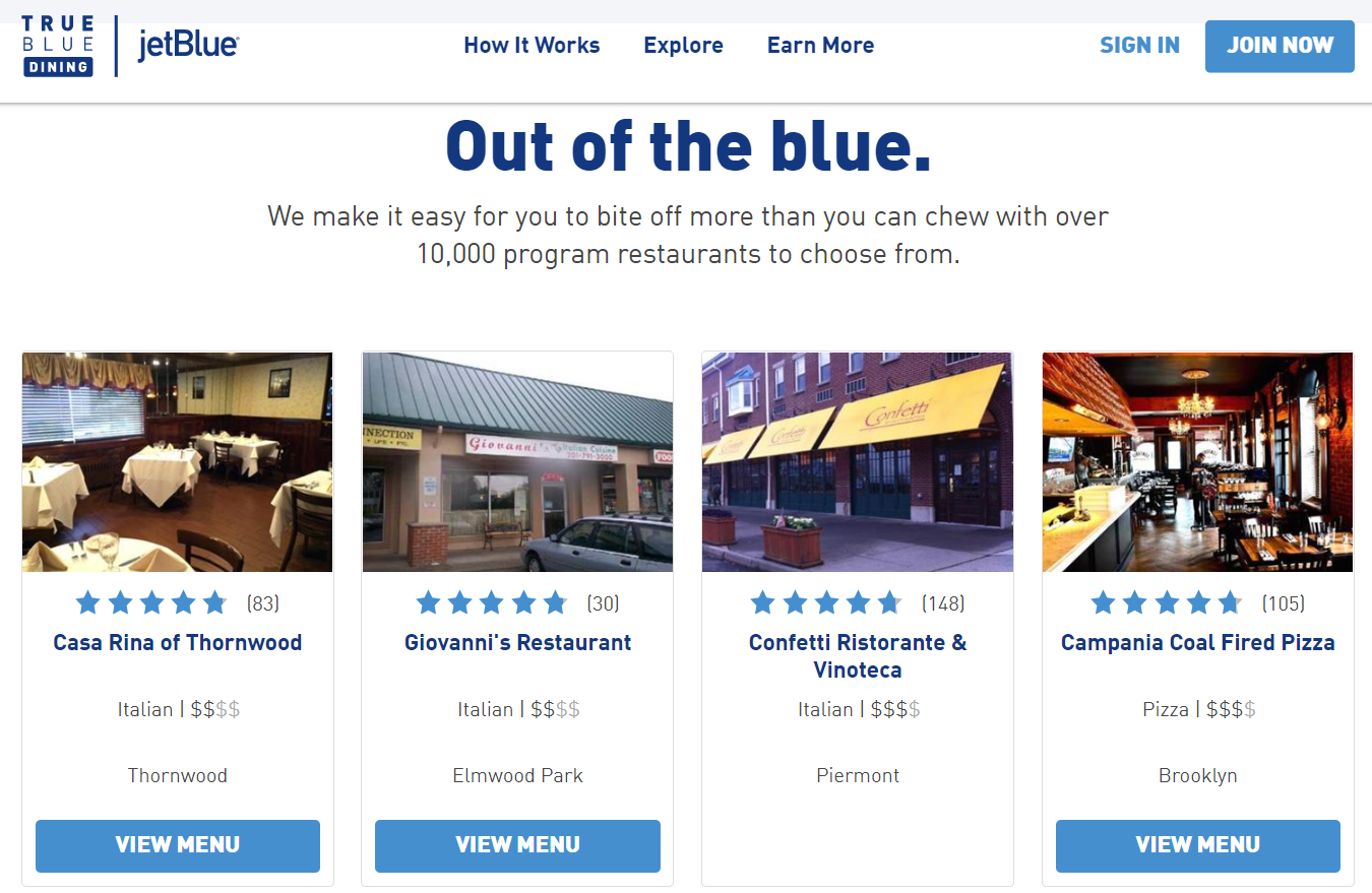 JetBlue Dining Program Restaurant Results