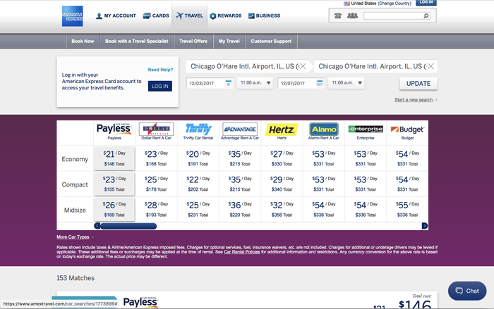 American Express Travel Car Rental Search Results