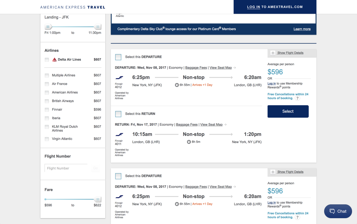 American Express Travel Flight Search Filters