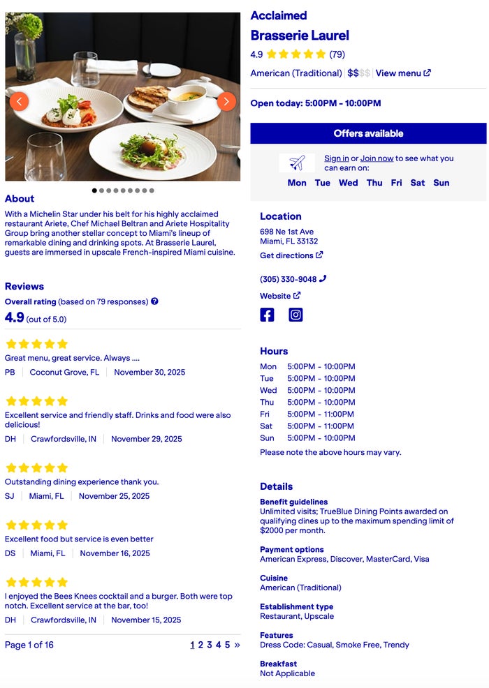 trueblue dining restaurant page