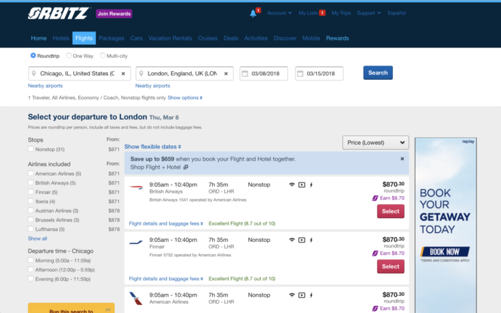 Orbitz flight search results