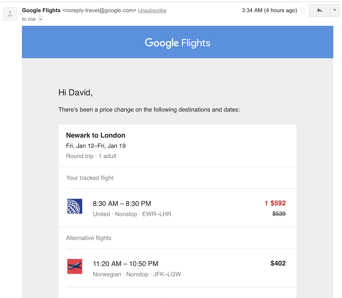 Google flights tracking
