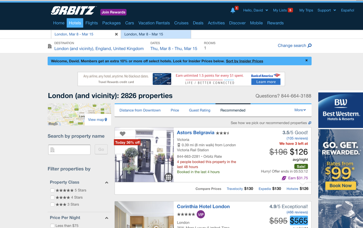 Orbitz Hotel search results