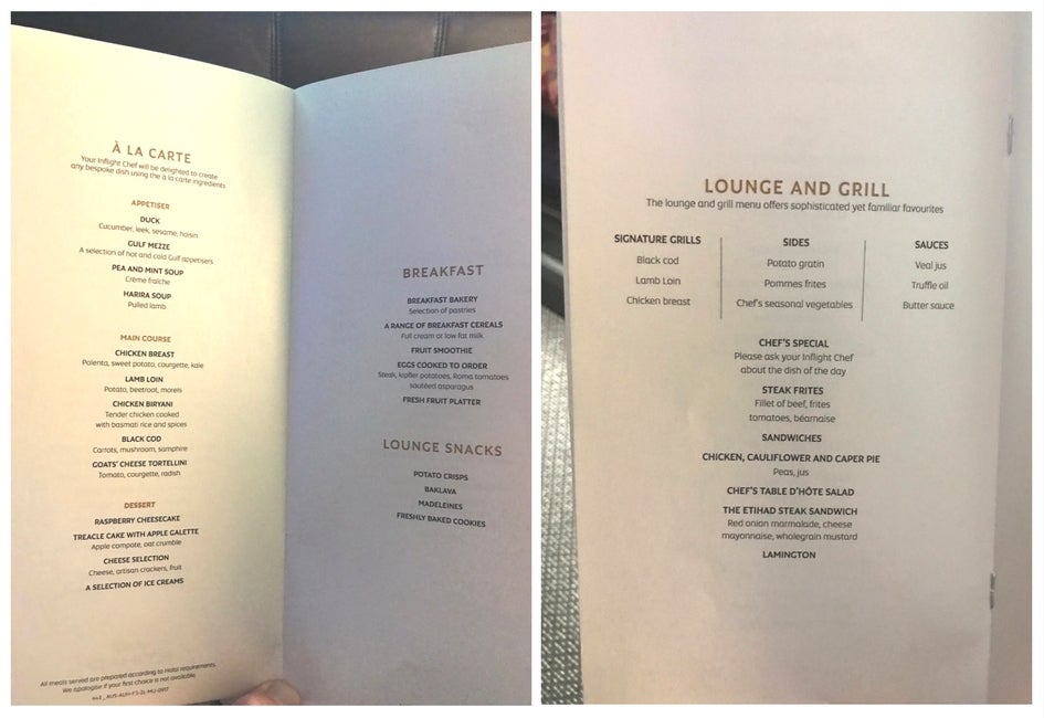 Etihad First Class Apartment - SYD to AUH Menu