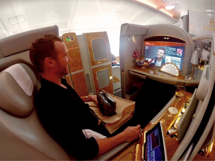 Emirates First Class A380 - Seat with Amenities & Excitement