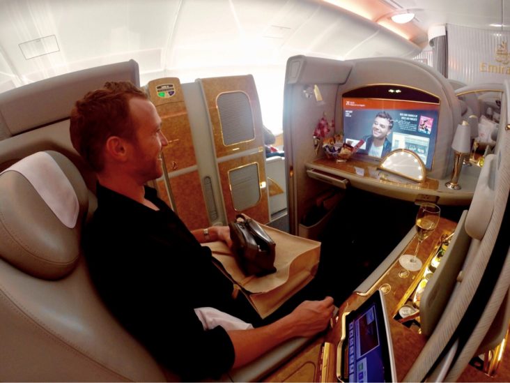 Emirates First Class A380 - Seat with Amenities & Excitement