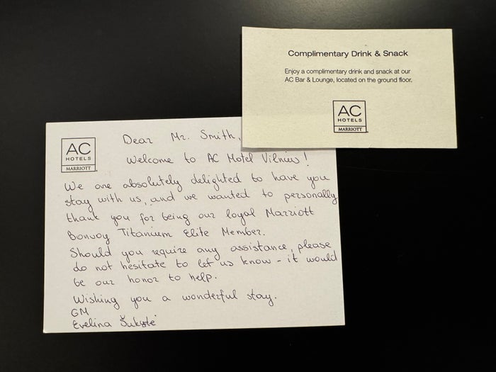 AC Hotel Vilnius welcome note