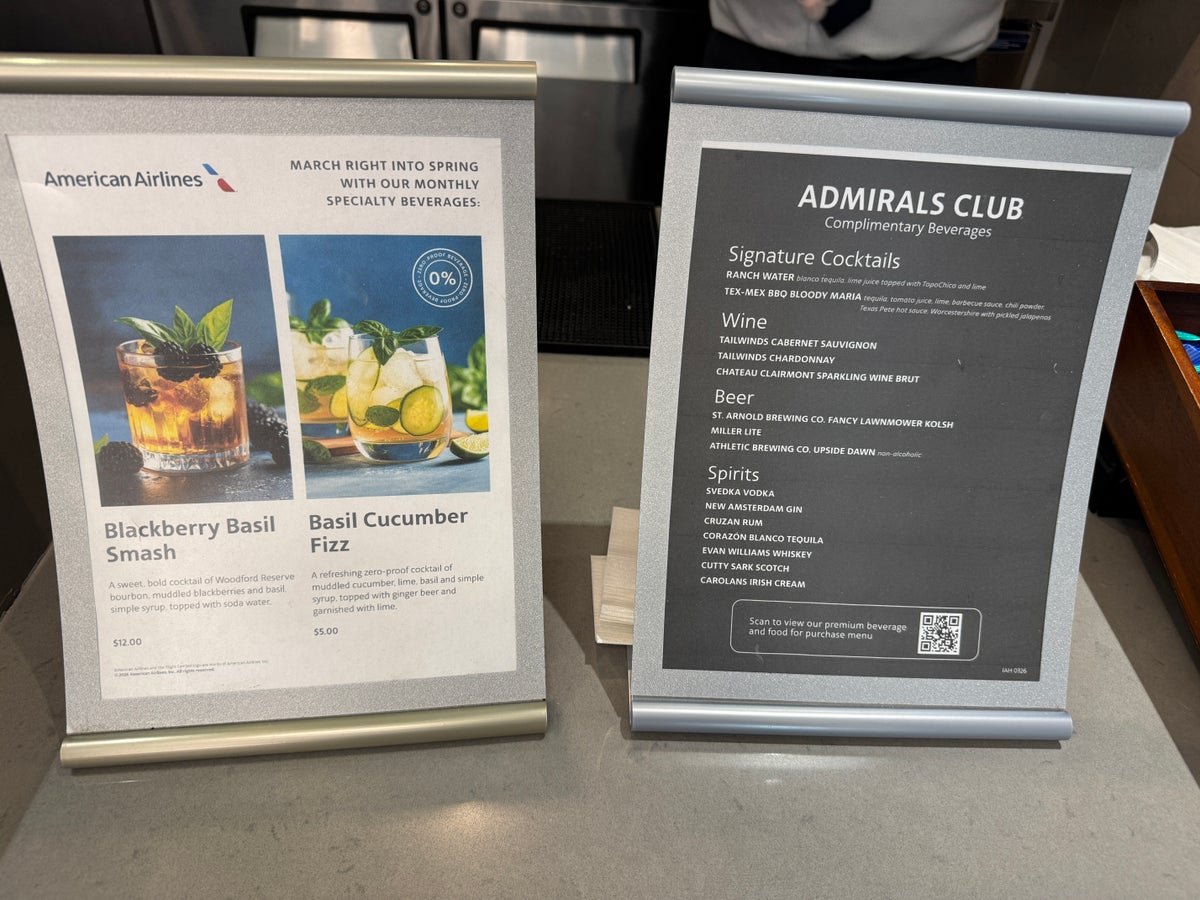 Admirals Club IAH bar menu