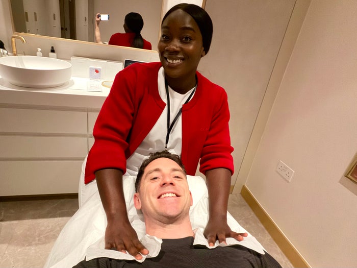 Air France Lounge London Heathrow LHR Clarins Spa facial Air France Lounge London Heathrow LHR Clarins Spa facial