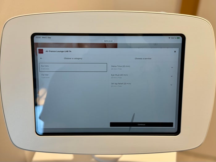 Air France Lounge London Heathrow LHR Clarins Spa options