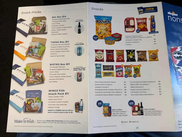 Allegiant A320 AVL HOU menu food Allegiant A320 AVL HOU menu food