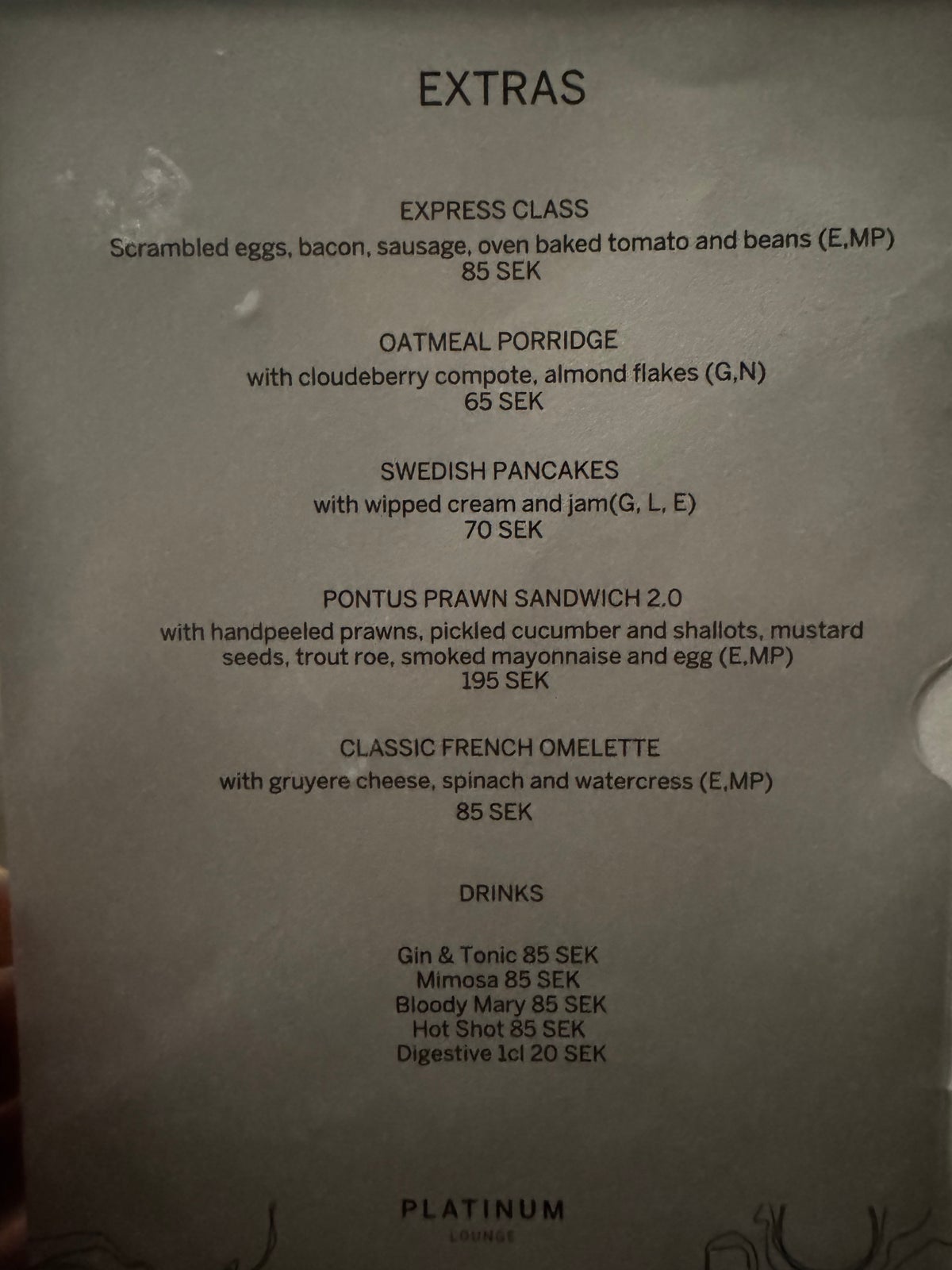 American Express Lounge Stockholm ARN menu