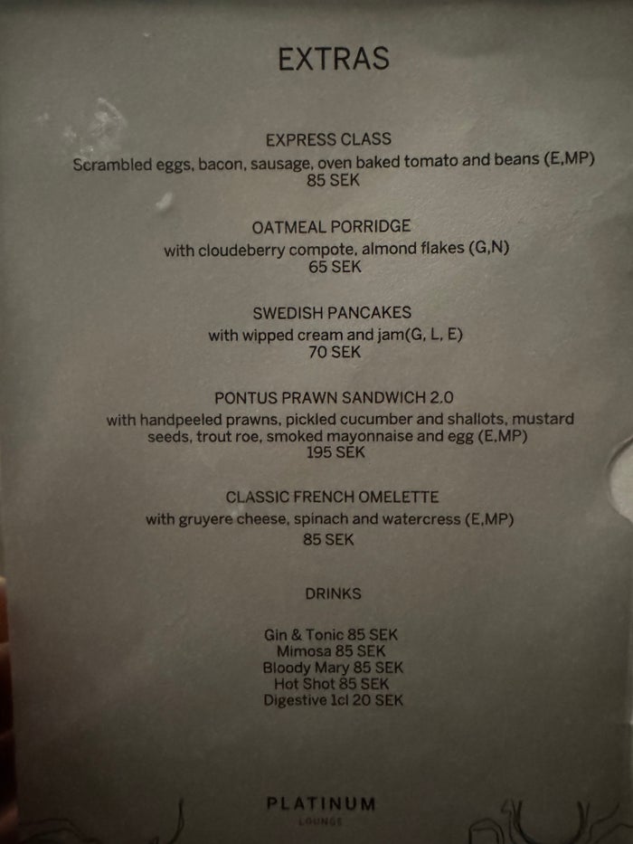American Express Lounge Stockholm ARN menu American Express Lounge Stockholm ARN menu
