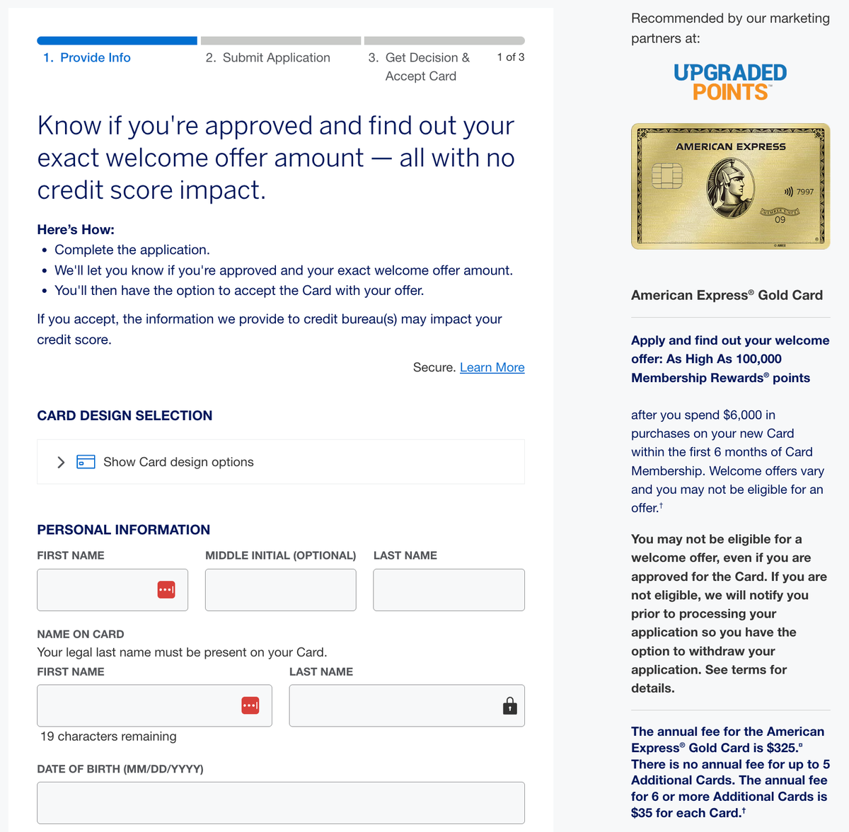 Amex Gold card application info page Amex Gold card application info page