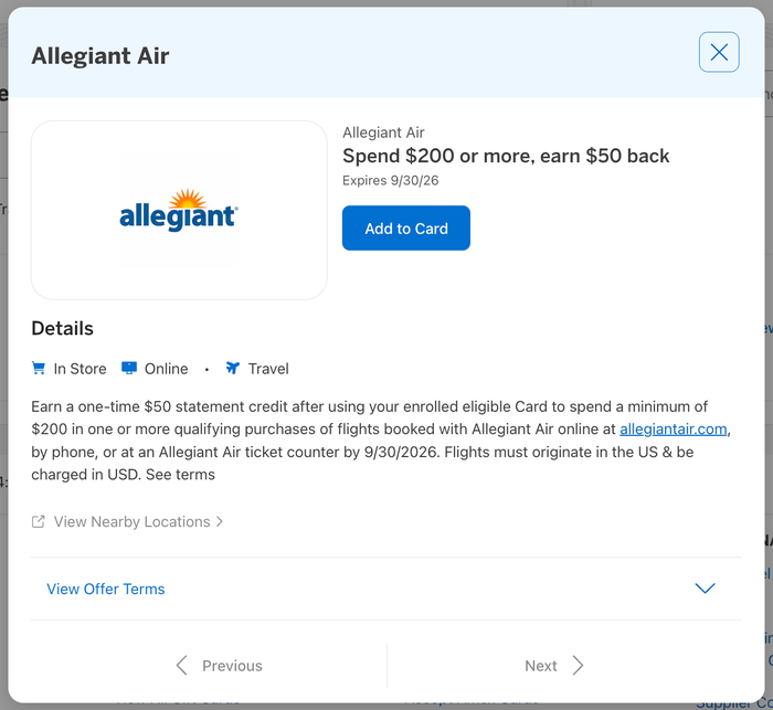 Amex Offer Allegiant Air July 2026