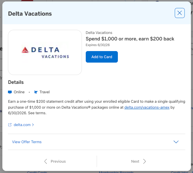 Amex Offer Delta Vacations April 2026