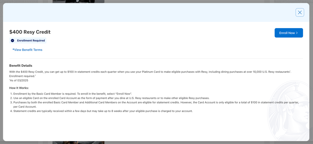 Amex Platinum card Resy credit page