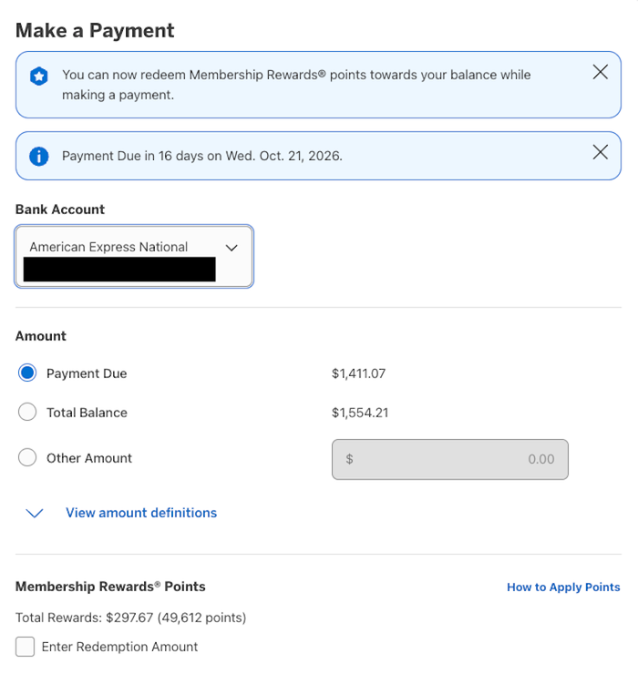 Amex points redemption payment option Amex points redemption payment option