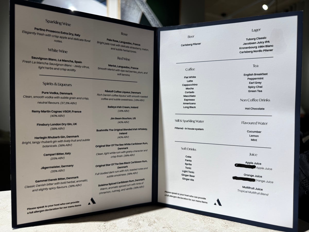 Aspire Lounge CPH bar menu