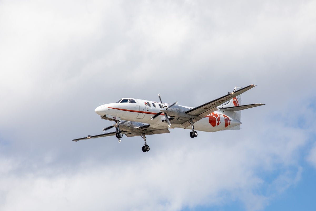 Bearskin Airlines of Thunder Bay, Canada, Fairchild SA 227CC twin propeller airplane approaching Pearson Airport YYZ for landing; Toronto Canada, September 4, 2020