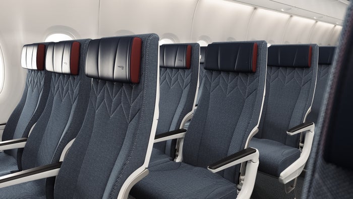 British Airways new airbus A380 economy cabin close up British Airways new airbus A380 economy cabin close up