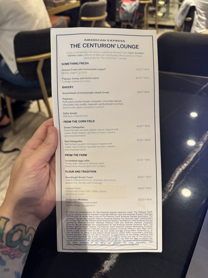 Centurion Lounge MTY Terminal A Menu