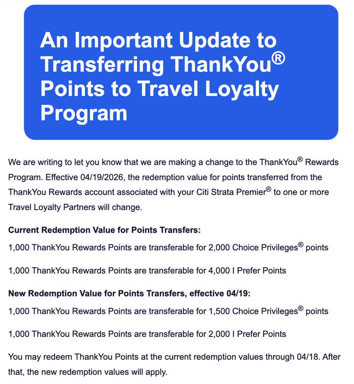 Citi 2026 points transfer change