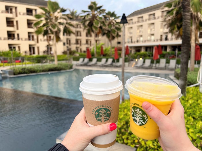 Coffee by the pool at Sheraton Kauai Coconut Beach Resort