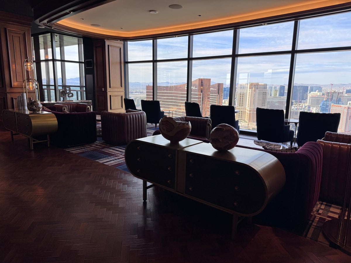 Conrad Las Vegas Club 66 breakfast lounge seating with Strip panoramic view