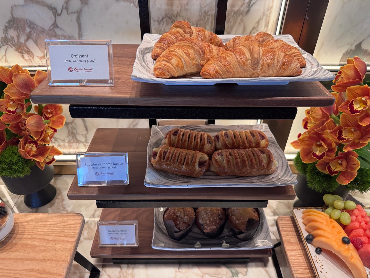 Conrad Las Vegas Club 66 breakfast pastry rack with croissants danish and muffins