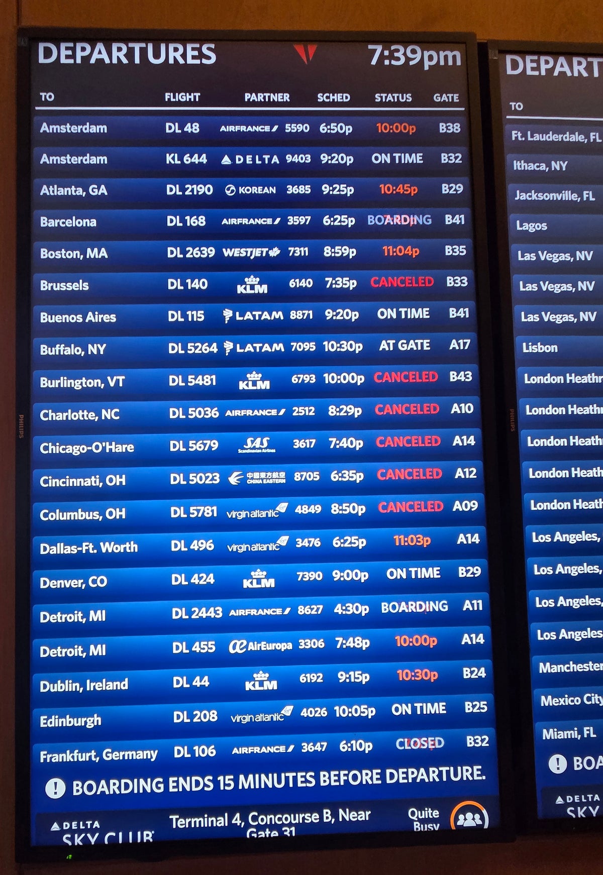 Delta One Lounge JFK Flight Board