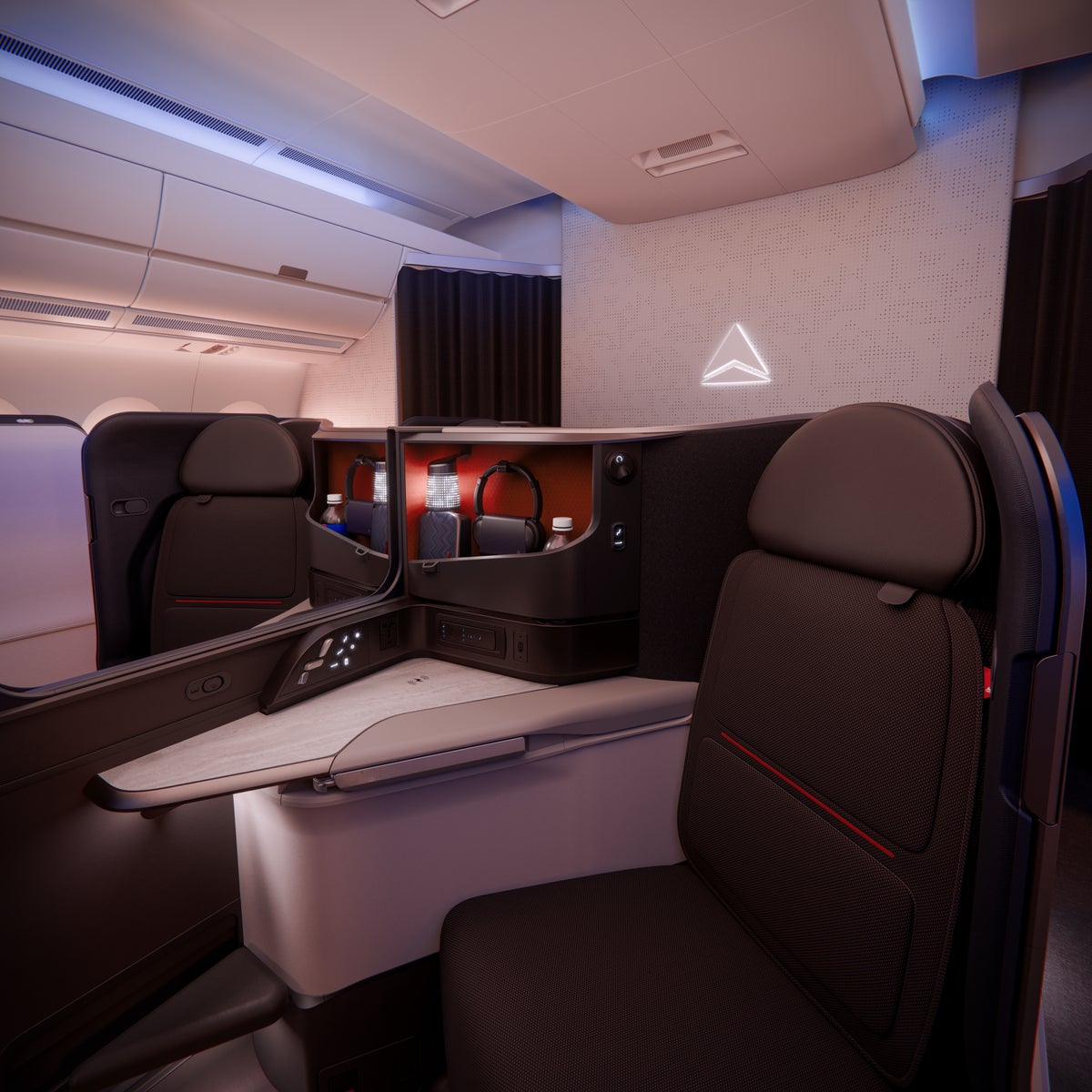 Delta One Suites A350 1000 with branded accent wall
