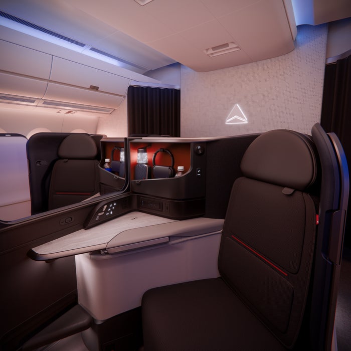 Delta One Suites A350 1000 with branded accent wall Delta One Suites A350 1000 with branded accent wall